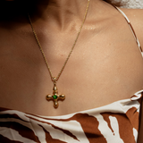 Model closeup wearing Chiara Necklace with green agate pendant.