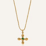 Chiara Necklace with puffed cross and green agate stone pendant.