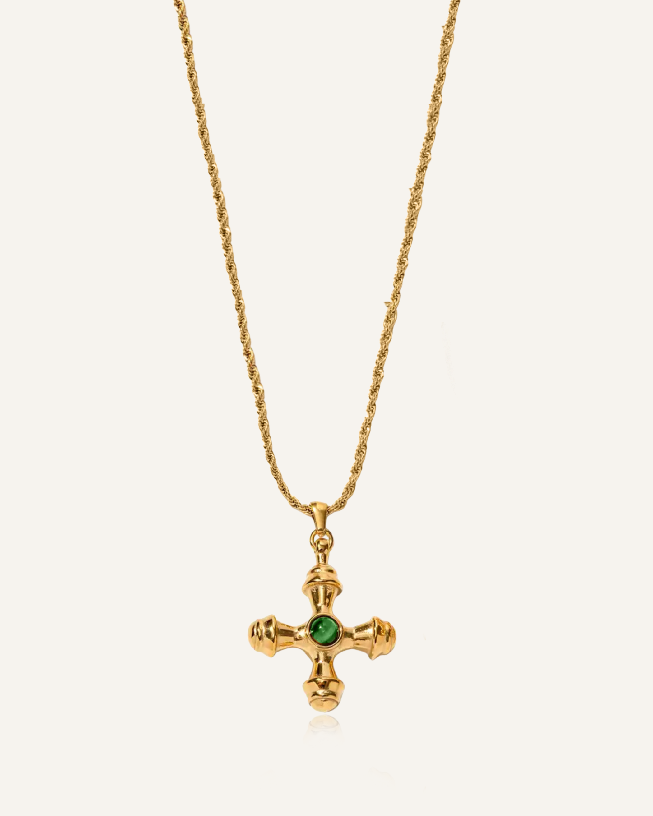 Chiara Necklace with puffed cross and green agate stone pendant.