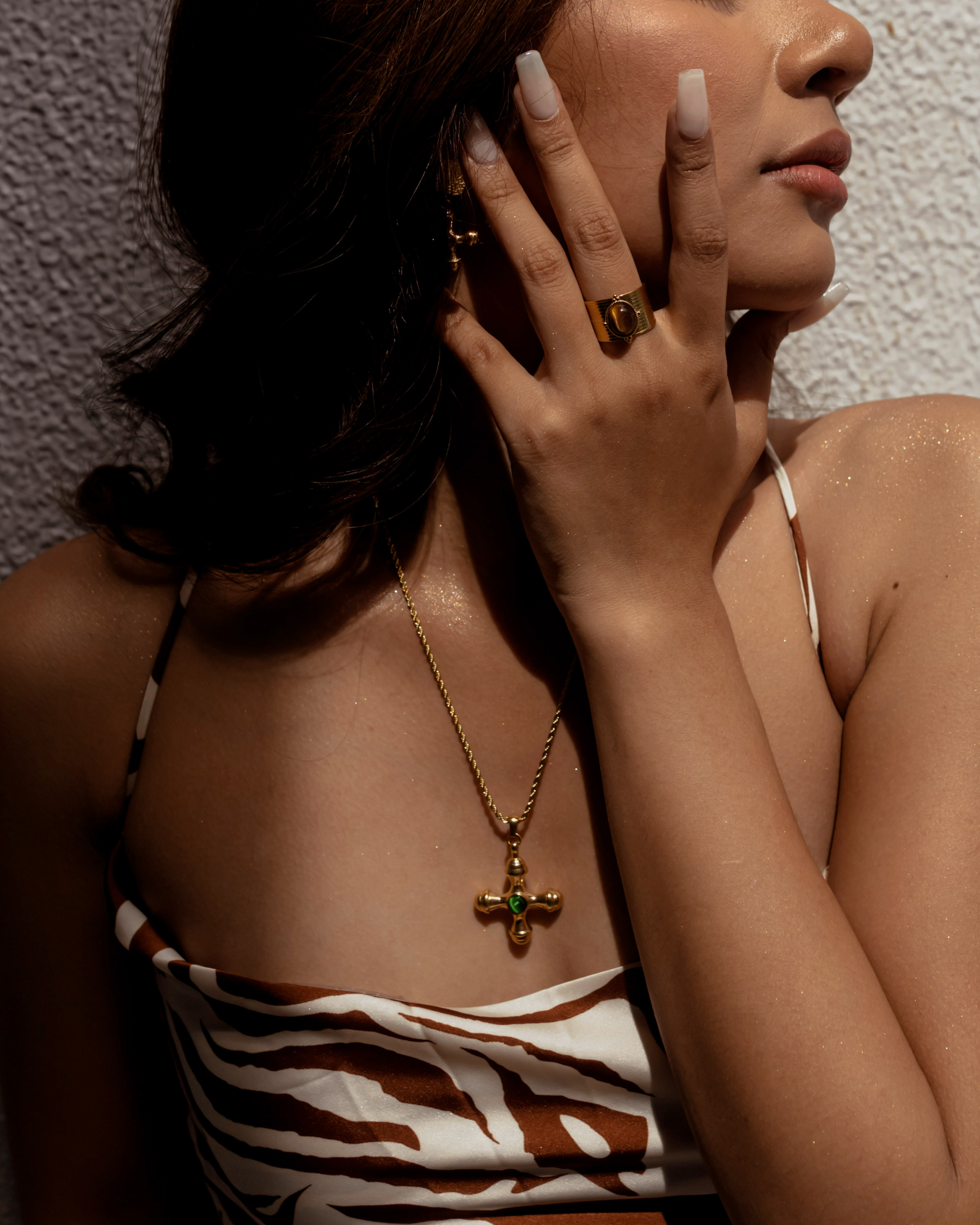 Chiara Necklace styled with green agate for a refined look.