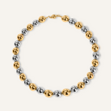 Cleo Necklace with gold and silver beads shown laid flat.