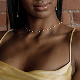 Front view of Layla Necklace styled with daily wear, showing symmetrical pearl placements.