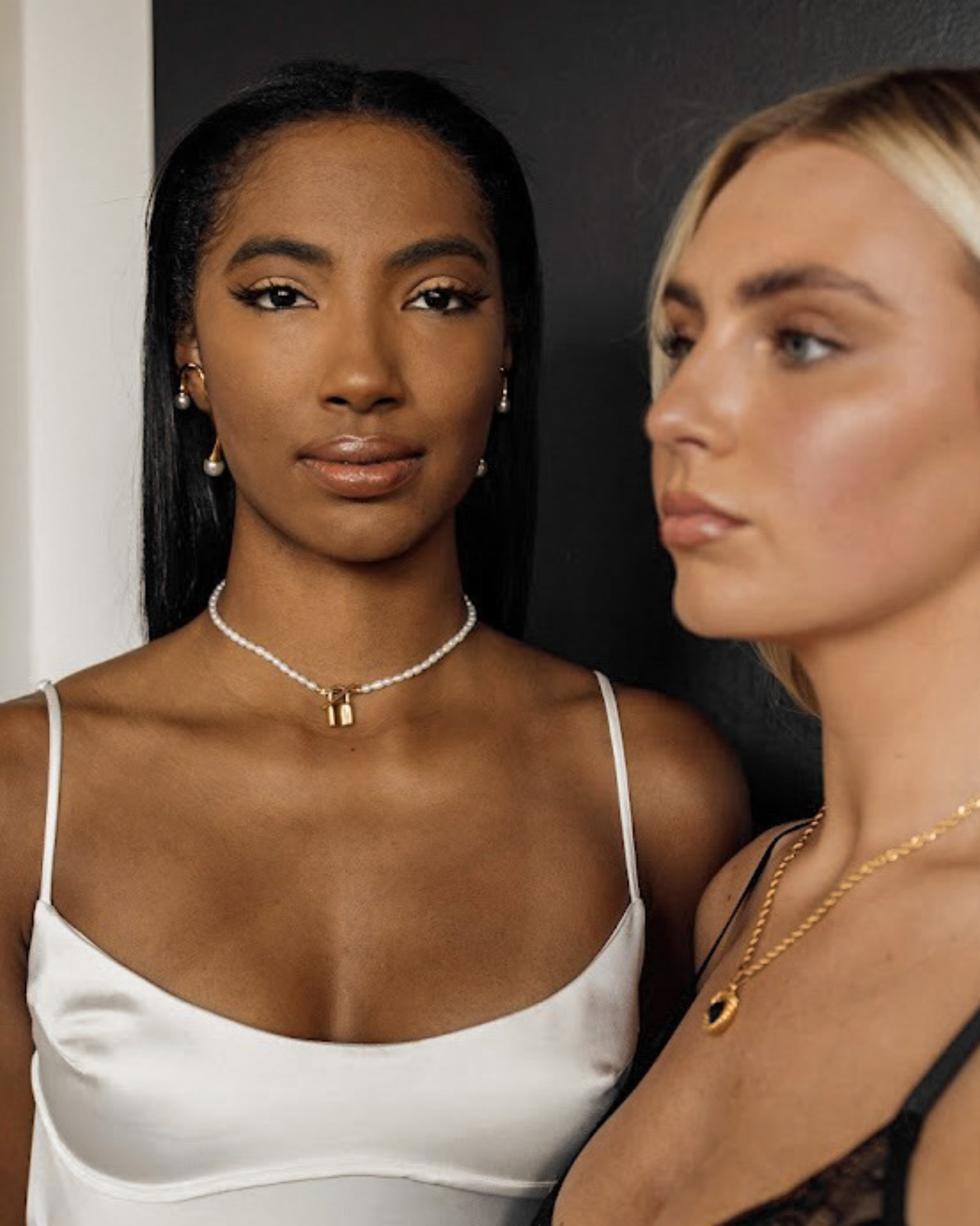 Model wearing the Lily Necklace from the front, showcasing vintage "old money" aesthetic.