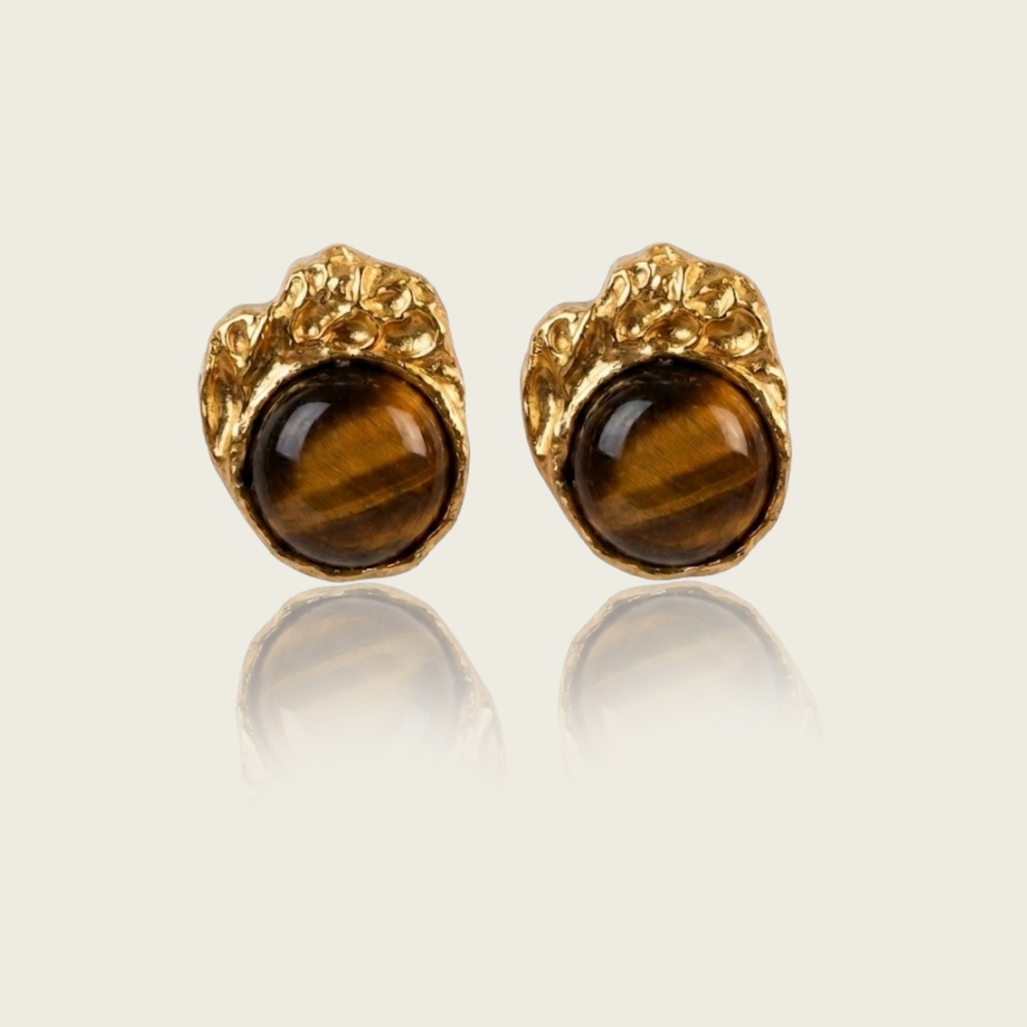 Tiger Eye Stud Earrings, Sculptural Stud Earrings, Molten Earrings, Tiger Eye Earrings, Brass Earrings, Organic Jewelry, Statement Stud Earrings, Women's Earrings, Textured Brass Earrings, Modern Jewelry, Tiger Eye Jewelry, Sculptural Jewelry, Contemporary Earrings, Gold Stud Earrings, Artisan Earrings, Everyday Statement Earrings, Natural Tiger Eye Earrings, Designer Stud Earrings, VIEA Earrings, VIEA Jewelry