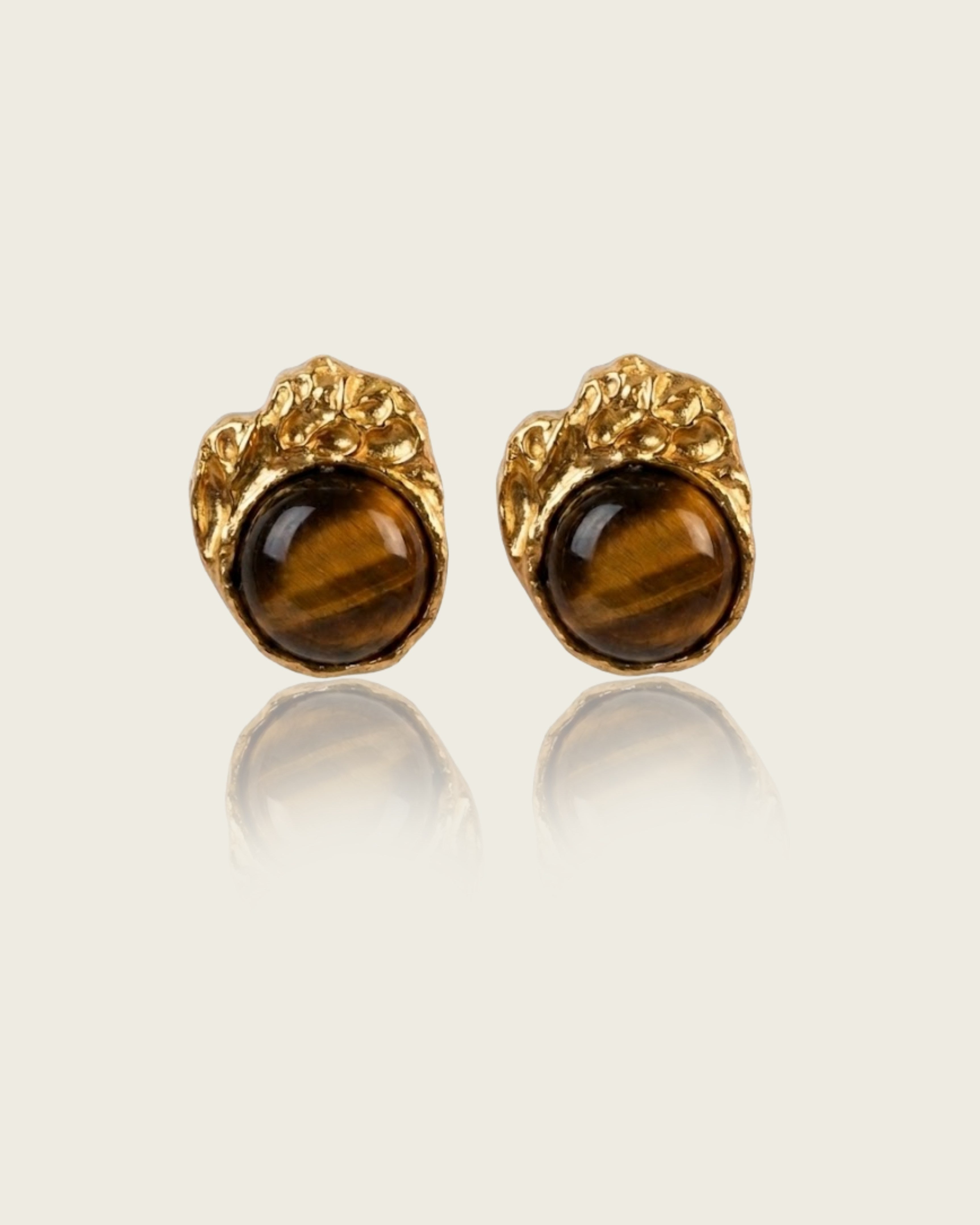 Tiger Eye Stud Earrings, Sculptural Stud Earrings, Molten Earrings, Tiger Eye Earrings, Brass Earrings, Organic Jewelry, Statement Stud Earrings, Women's Earrings, Textured Brass Earrings, Modern Jewelry, Tiger Eye Jewelry, Sculptural Jewelry, Contemporary Earrings, Gold Stud Earrings, Artisan Earrings, Everyday Statement Earrings, Natural Tiger Eye Earrings, Designer Stud Earrings, VIEA Earrings, VIEA Jewelry