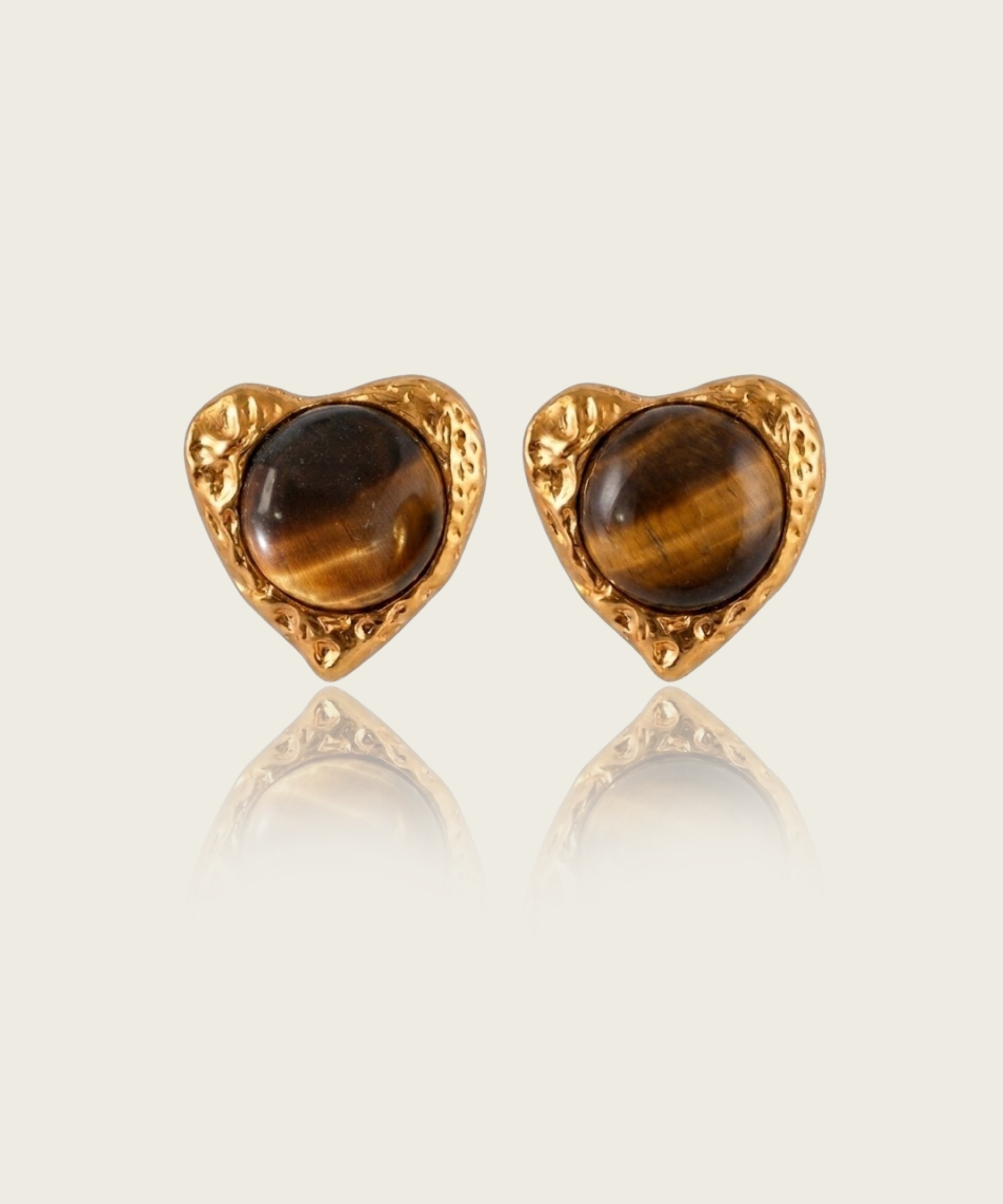 Tiger Eye Heart Earrings, Tiger Eye Stud Earrings, Heart Stud Earrings, Brass Heart Earrings, Brass Earrings, Statement Stud Earrings, Women's Earrings, Tiger Eye Jewelry, Heart Jewelry, Sculptural Earrings, Modern Jewelry, Everyday Statement Earrings, Gold Heart Earrings, Contemporary Earrings, Natural Tiger Eye Earrings, Fashion Earrings for Women, Heart Statement Earrings, VIEA Earrings, VIEA Jewelry