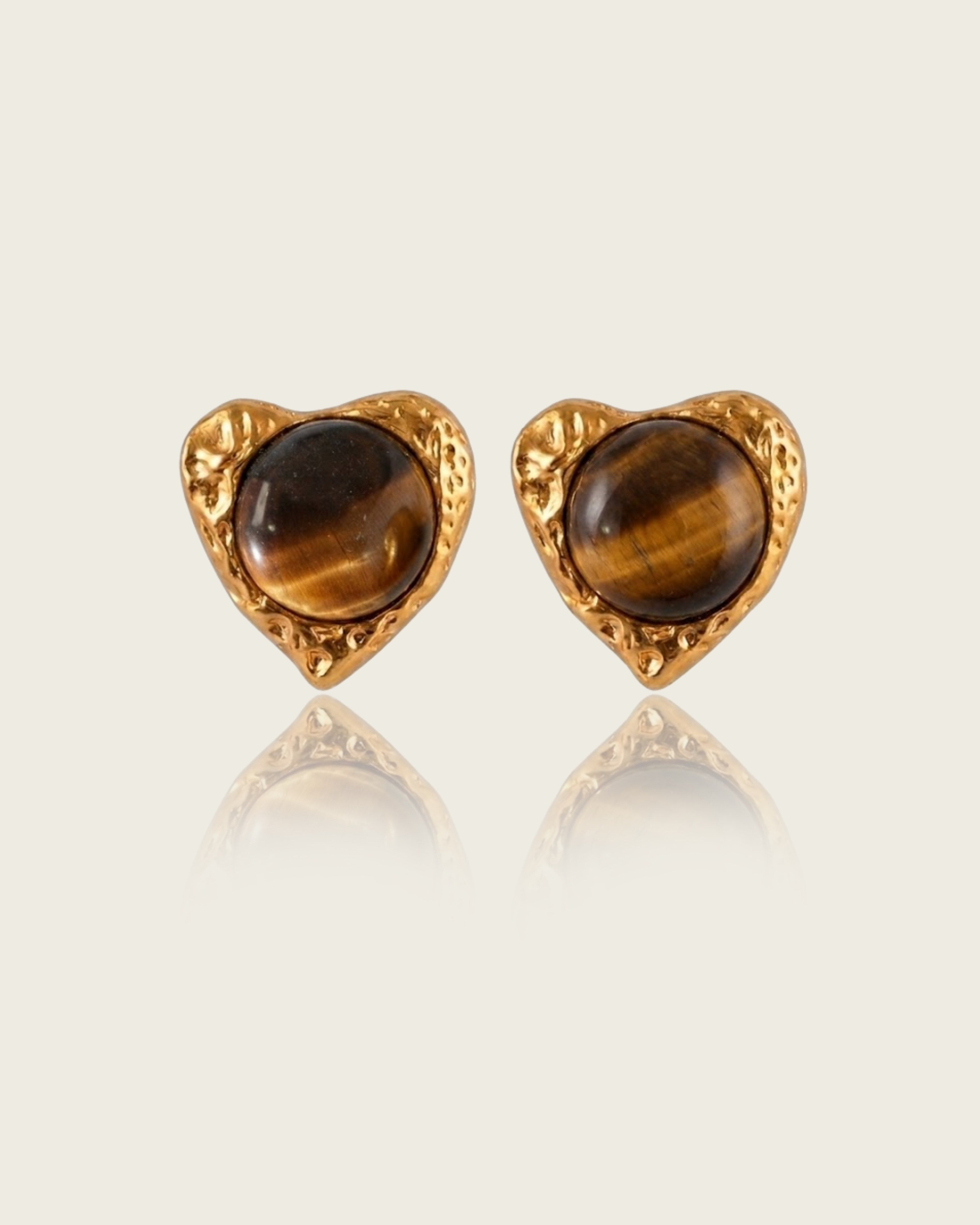 Tiger Eye Heart Earrings, Tiger Eye Stud Earrings, Heart Stud Earrings, Brass Heart Earrings, Brass Earrings, Statement Stud Earrings, Women's Earrings, Tiger Eye Jewelry, Heart Jewelry, Sculptural Earrings, Modern Jewelry, Everyday Statement Earrings, Gold Heart Earrings, Contemporary Earrings, Natural Tiger Eye Earrings, Fashion Earrings for Women, Heart Statement Earrings, VIEA Earrings, VIEA Jewelry