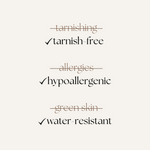 Infographic showing Aina Earrings' benefits: tarnish-free, hypoallergenic, and water-resistant—ideal for sensitive skin and daily wear.