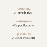Infographic showing Aina Earrings' benefits: tarnish-free, hypoallergenic, and water-resistant—ideal for sensitive skin and daily wear.