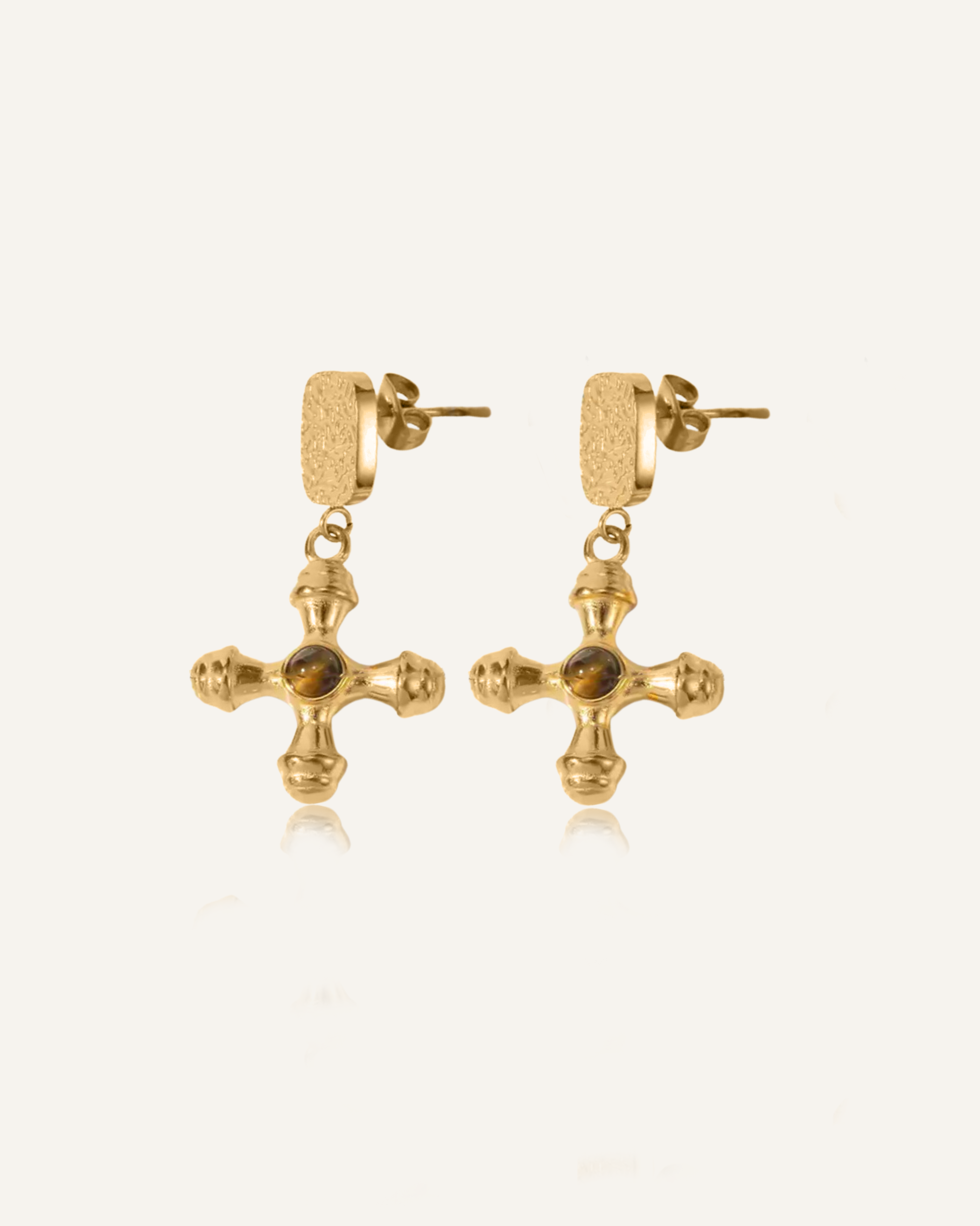 Chiara Earrings with gold finish and Tiger Eye stone centerpiece.