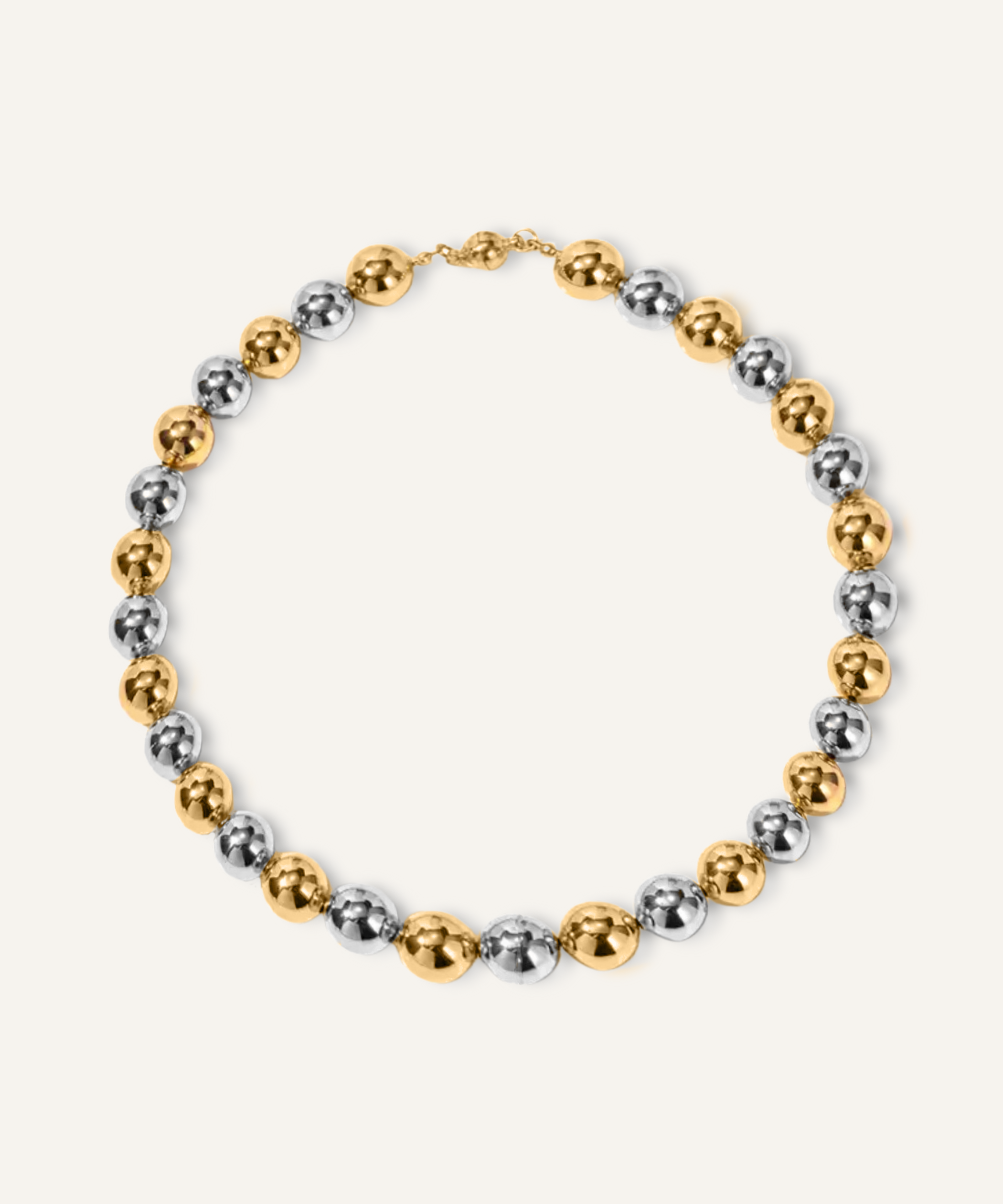 Cleo Necklace with gold and silver beads shown laid flat.