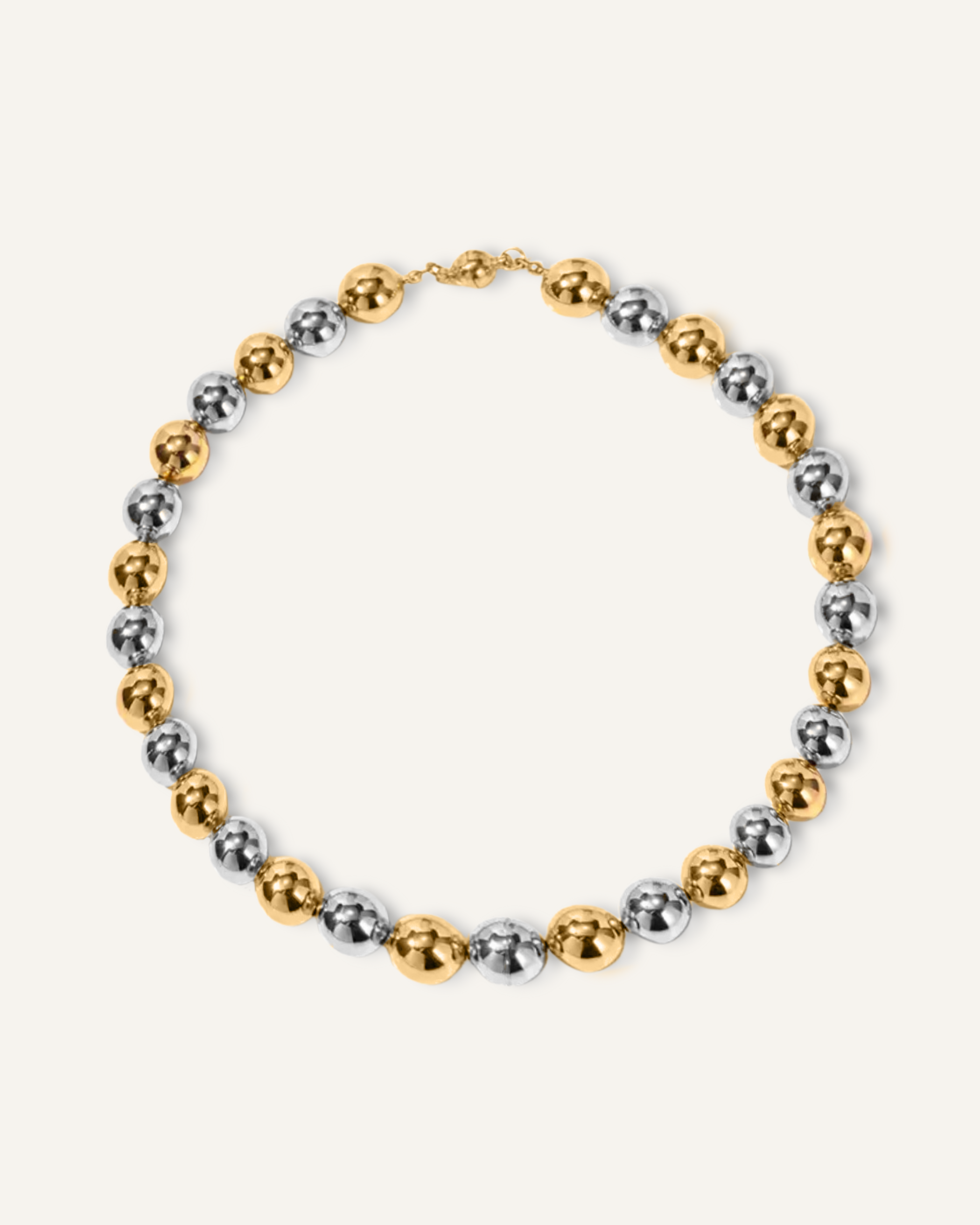 Cleo Necklace with gold and silver beads shown laid flat.