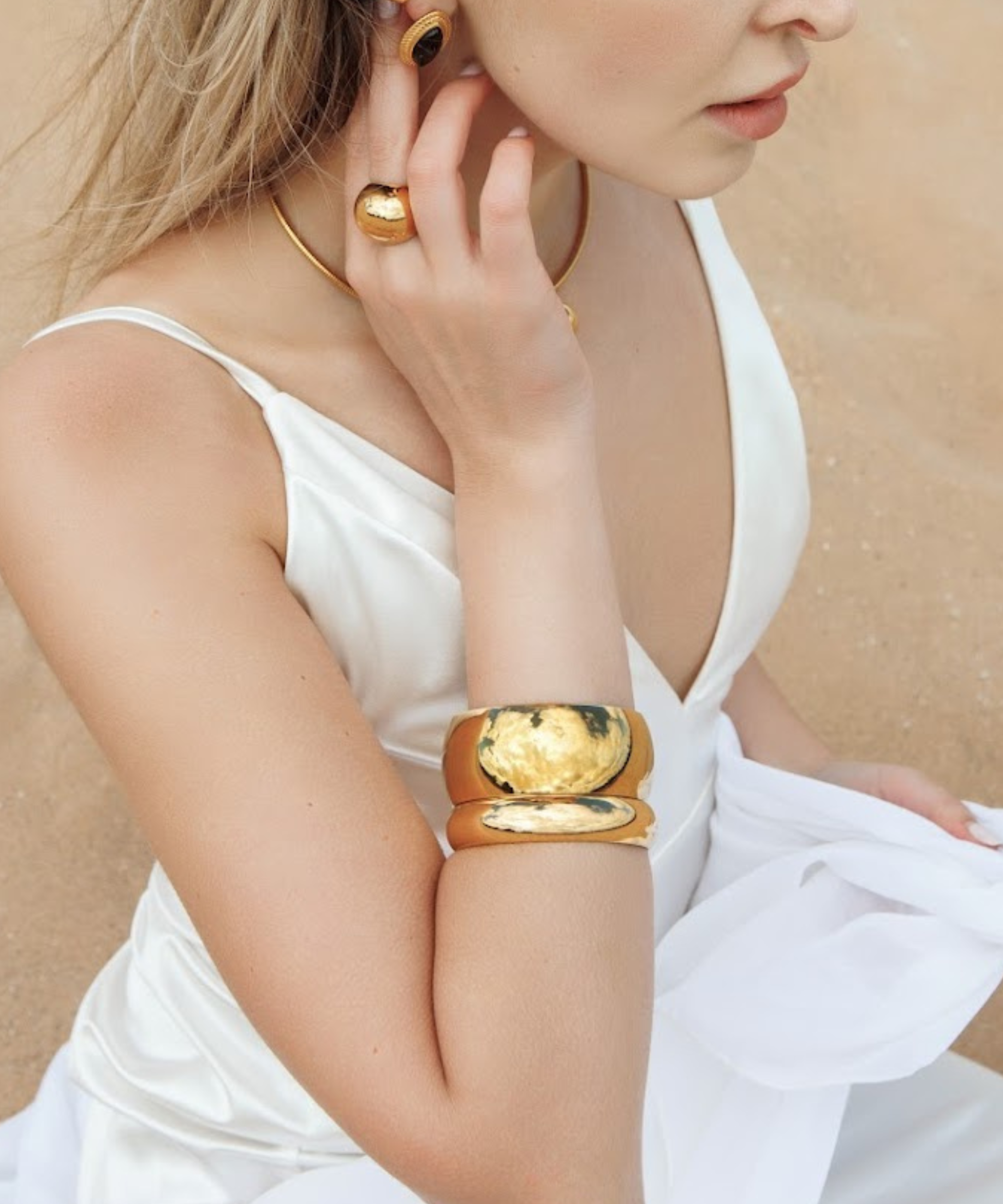 Close-up wrist view of the Dany Gold Cuff worn solo for maximum impact.