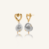 Freya heart-shaped gold earrings with unique baroque pearl and gold flaking.
