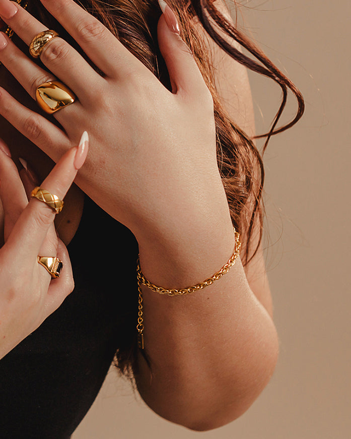 Closeup view of the Hera Bracelet worn on wrist, highlighting the delicate rope chain detail.