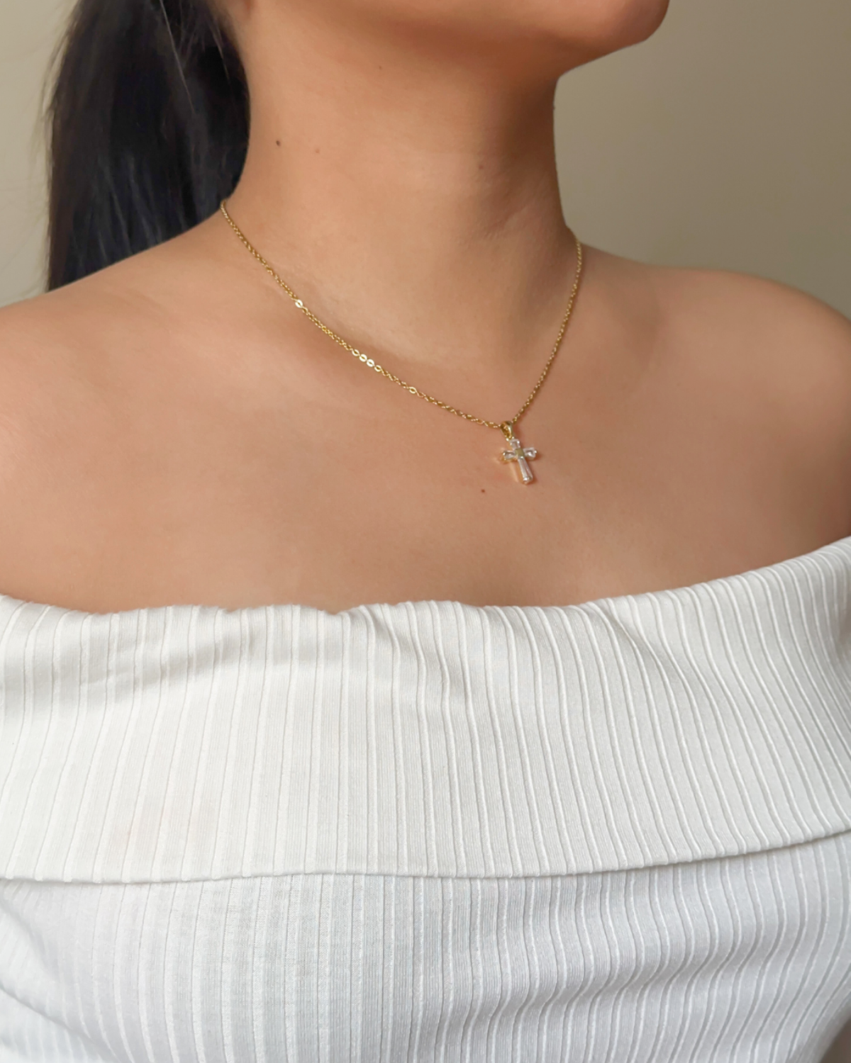 Iris Necklace styled with a minimal outfit for a clean, elegant look.