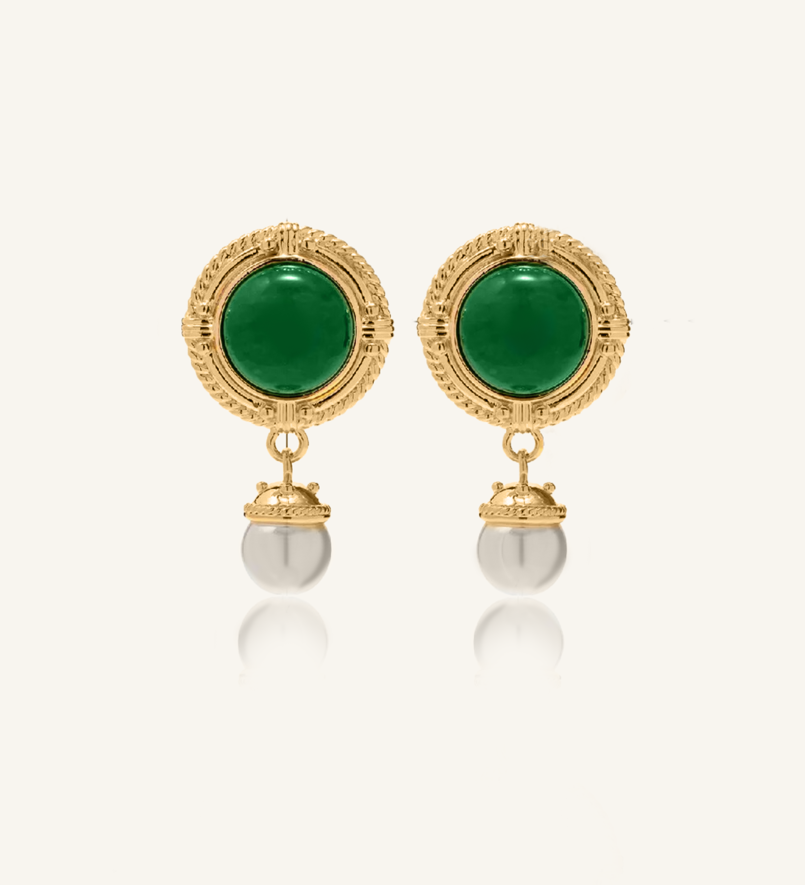 Ivy Earrings featuring green quartz studs and faux pearl drop on gold-coated brass.