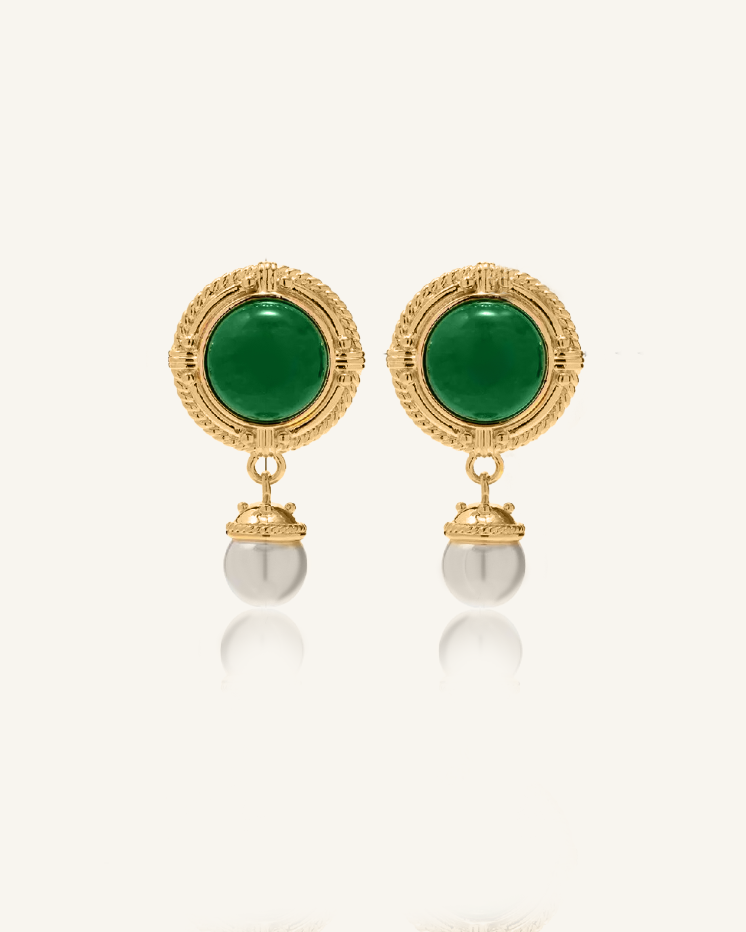 Ivy Earrings featuring green quartz studs and faux pearl drop on gold-coated brass.