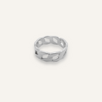Kalani Ring in silver with Cuban link chain design laid flat to show texture and width.