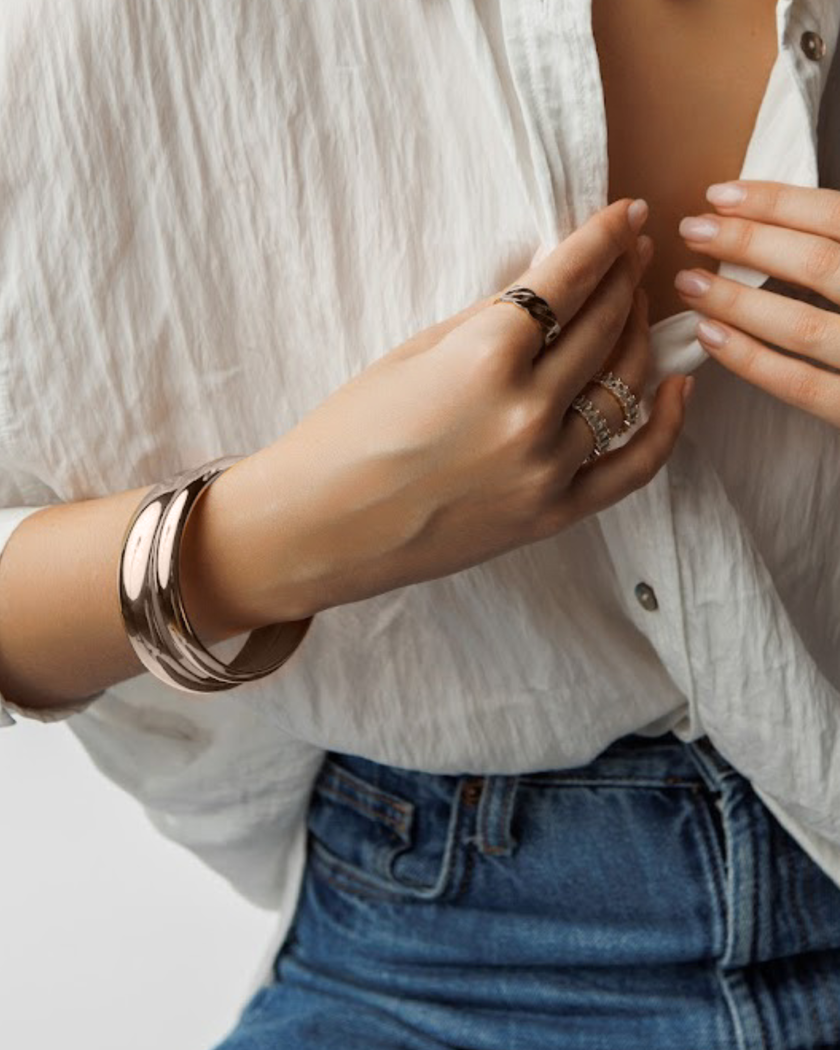 Kalani Ring stacked with the Hali Ring on model’s hand, styled for modern layering.