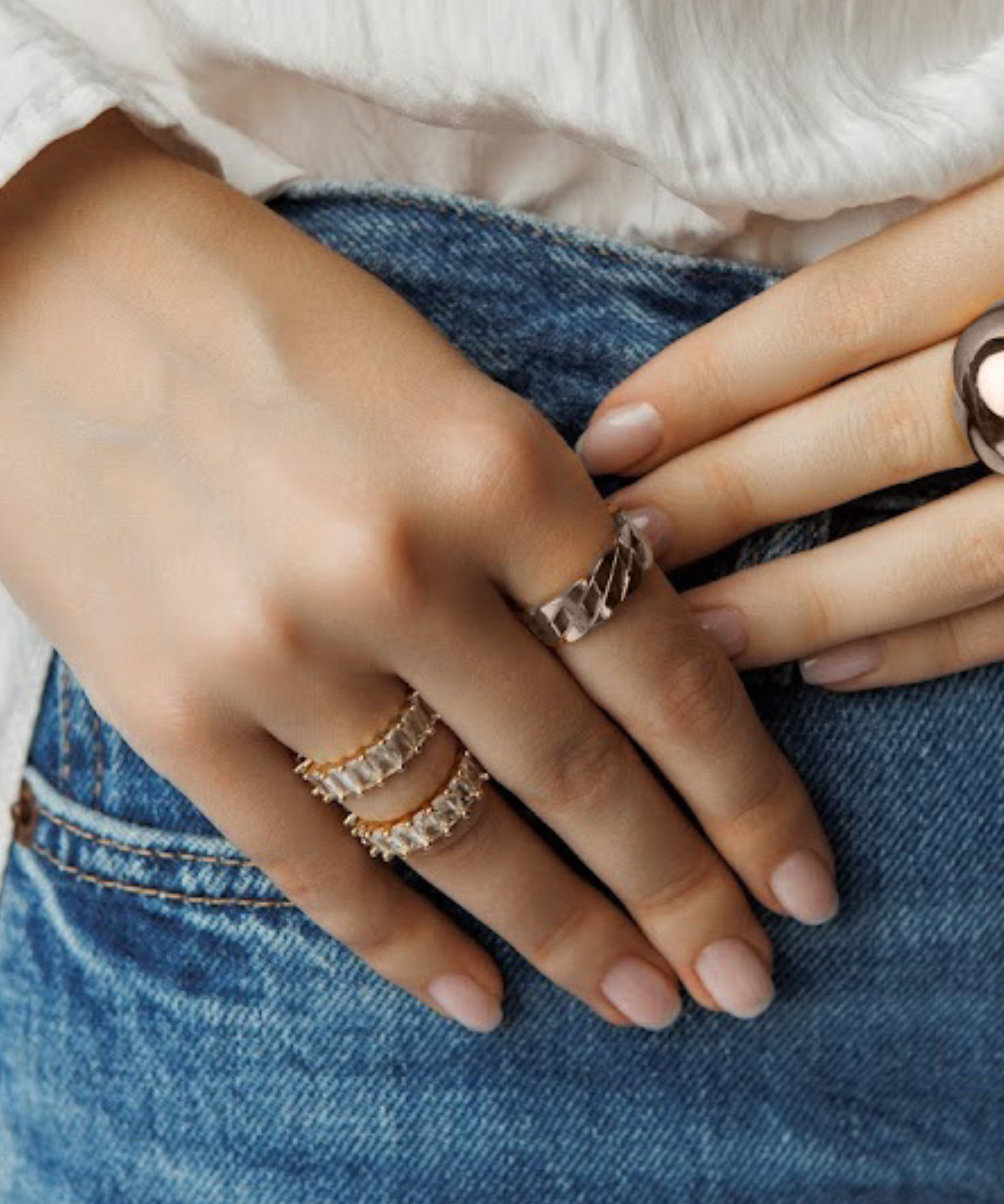 Close-up of Kalani Ring worn on hand, highlighting the textured, bold silver Cuban chain design.