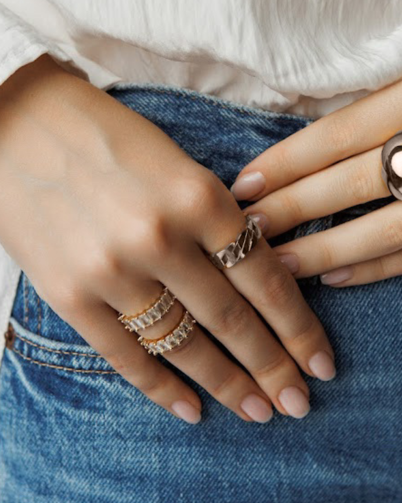 Close-up of Kalani Ring worn on hand, highlighting the textured, bold silver Cuban chain design.