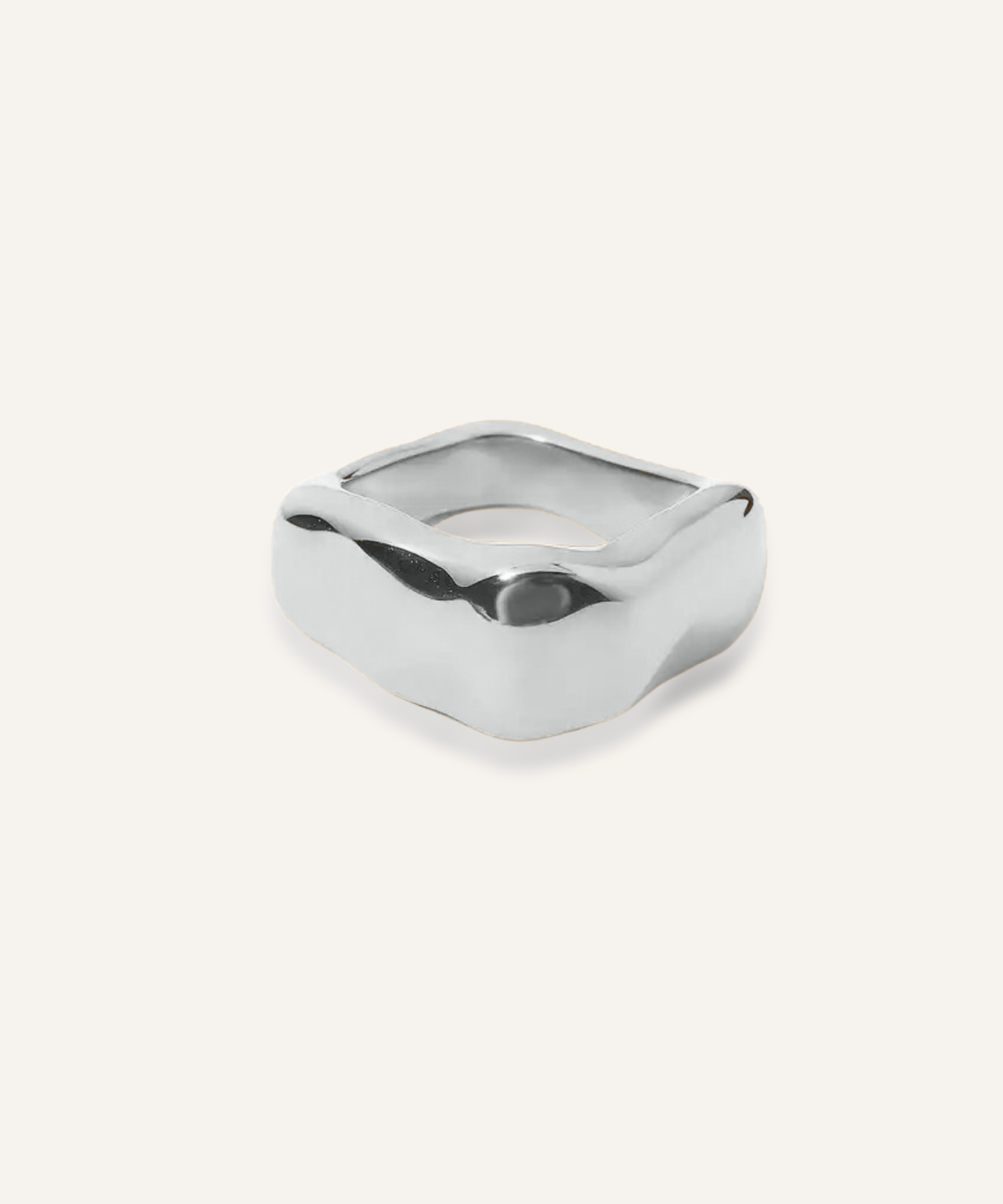 Kyma Ring in silver with sculptural, modern square design.