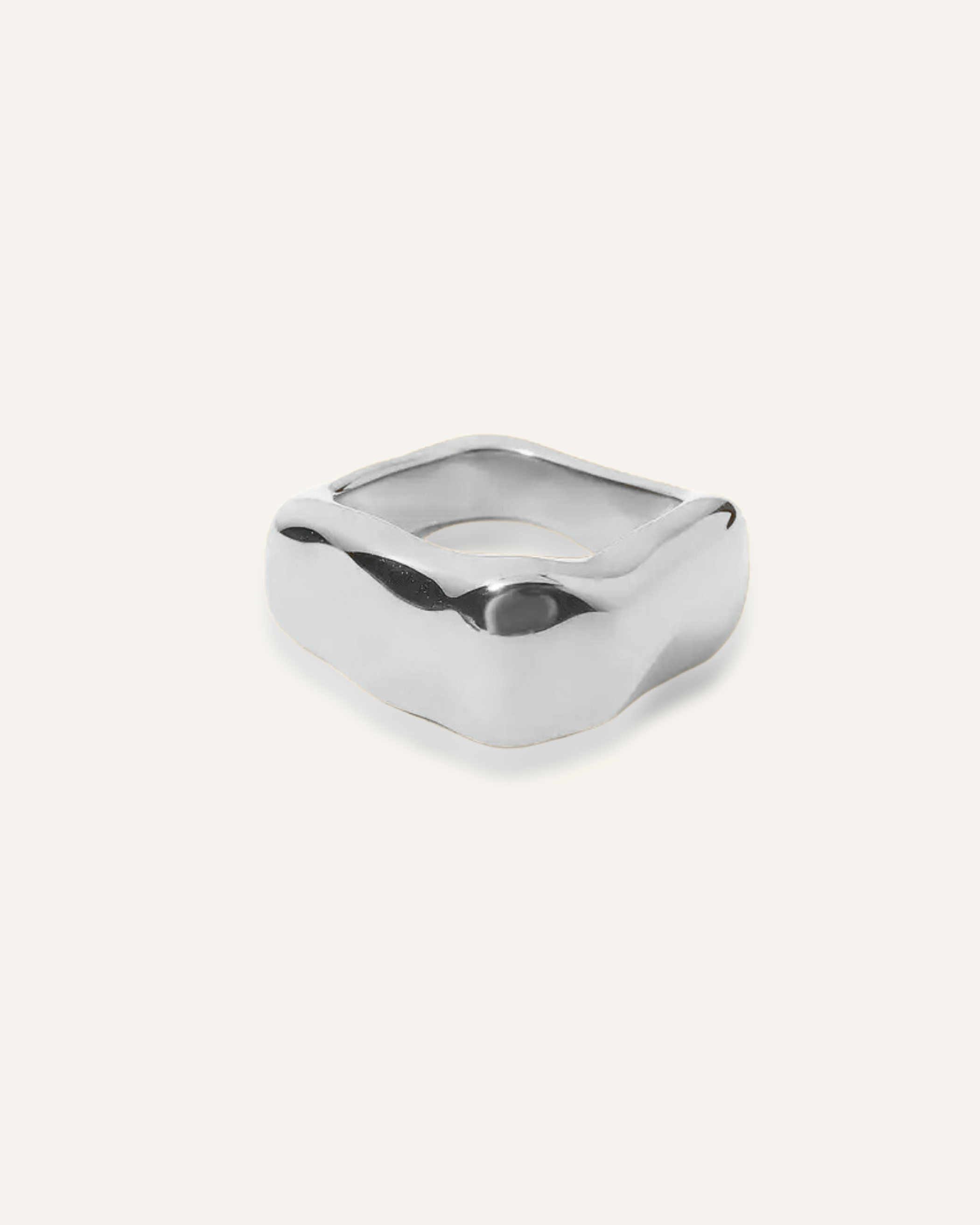 Kyma Ring in silver with sculptural, modern square design.