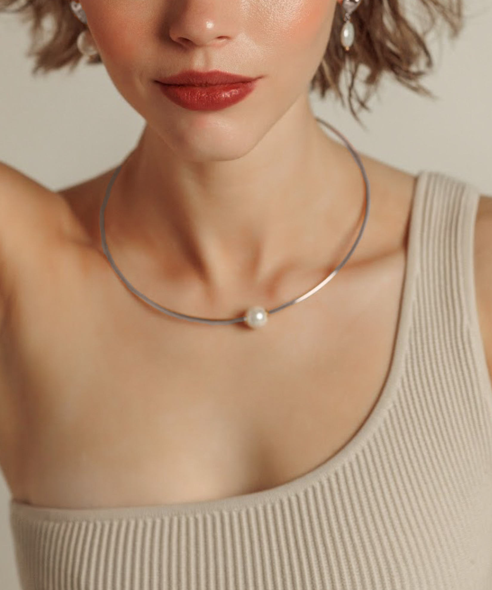Model wearing the Loreli Choker in silver with a pearl centerpiece, showcasing its elegant, minimal style.
