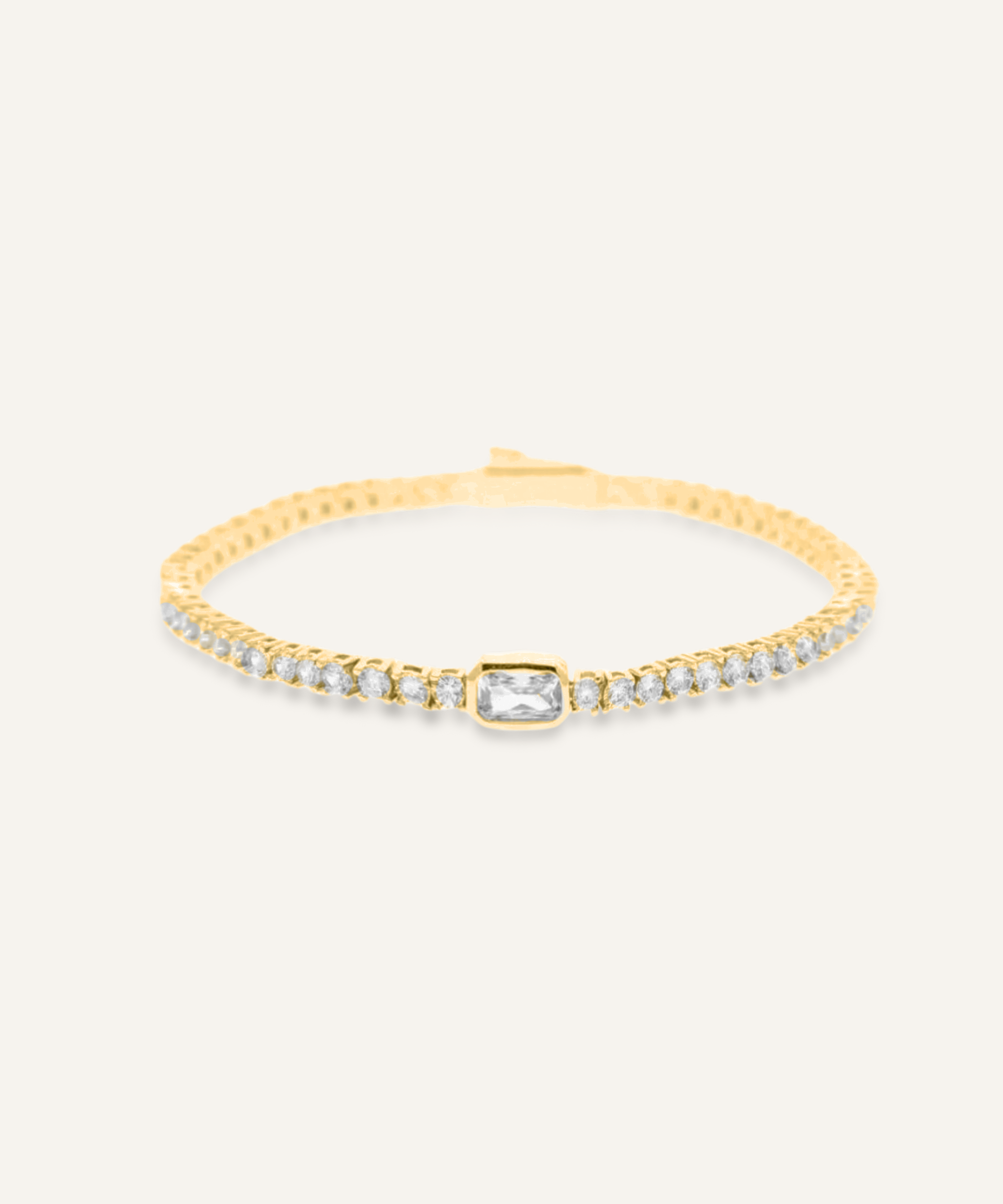 Gold Malvi Bracelet with zirconia stones and a bold rectangular centerpiece.
