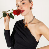 Full outfit view of model wearing the Margaux Necklace, showcasing its versatility.