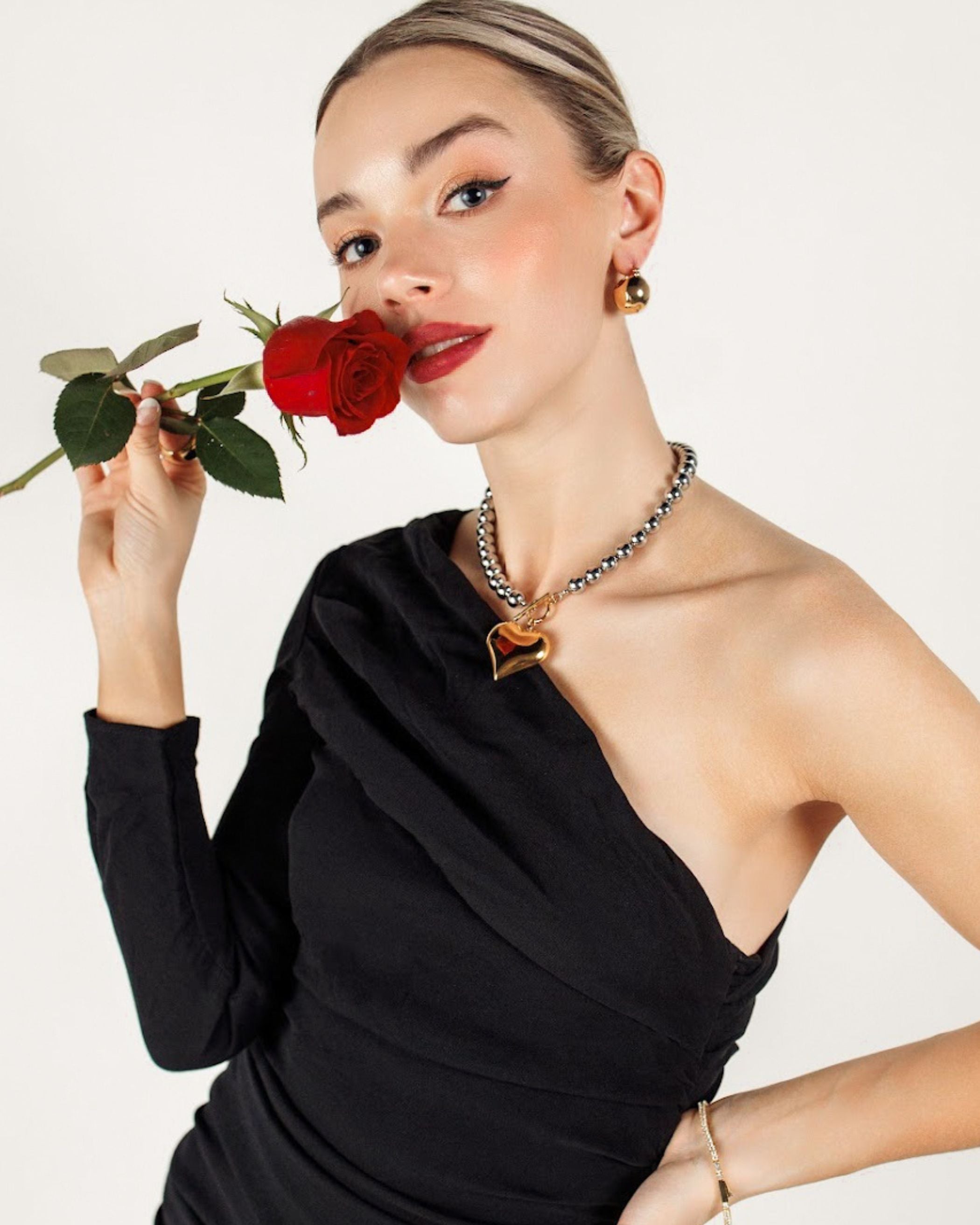 Full outfit view of model wearing the Margaux Necklace, showcasing its versatility.