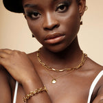 Detailed closeup of the Amelia Necklace layered on skin, highlighting its fine craftsmanship.
