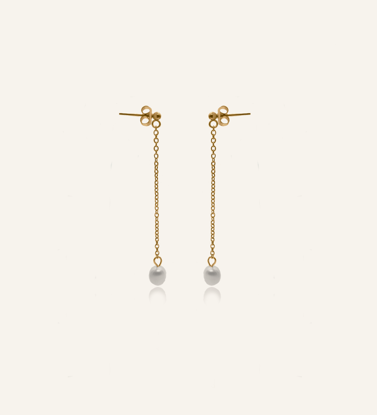 Corine Earrings flatlay showing 18k gold cable chain drop with freshwater pearls.