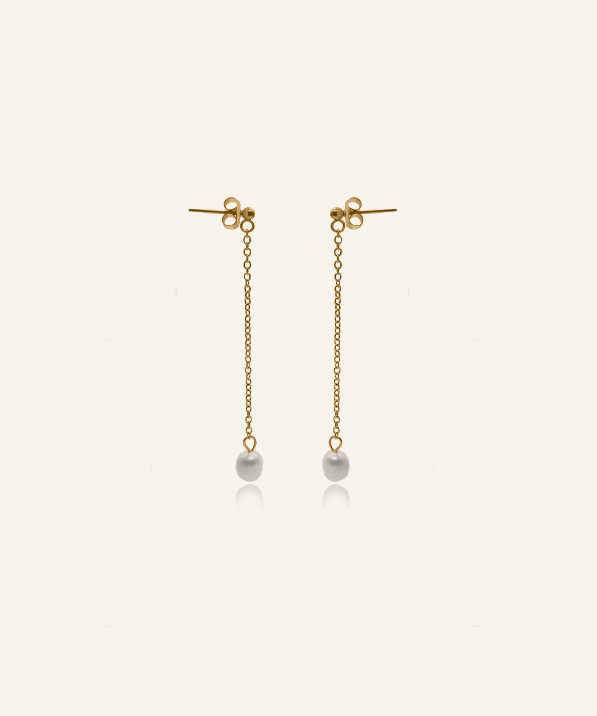 Corine Earrings flatlay showing 18k gold cable chain drop with freshwater pearls.