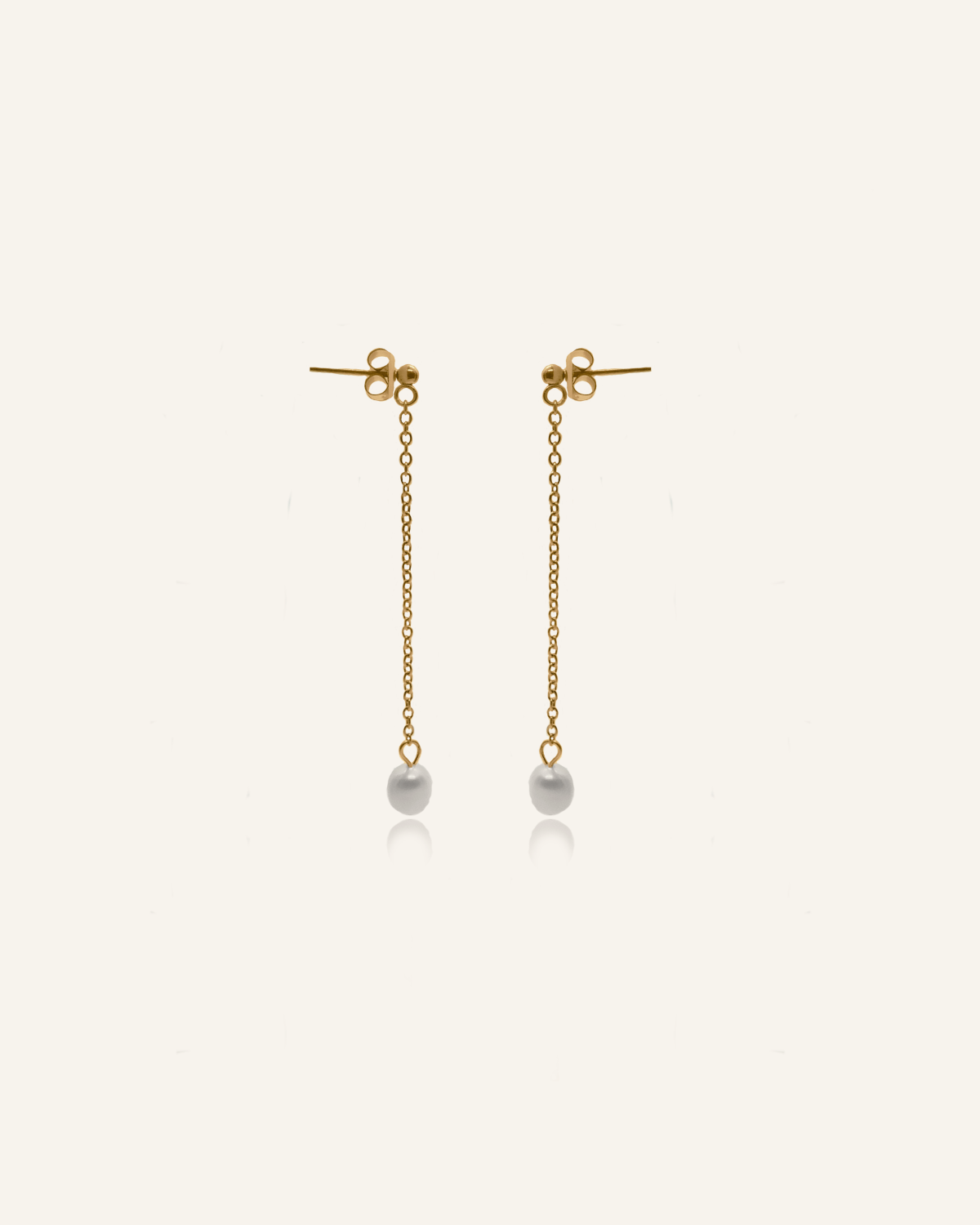 Corine Earrings flatlay showing 18k gold cable chain drop with freshwater pearls.