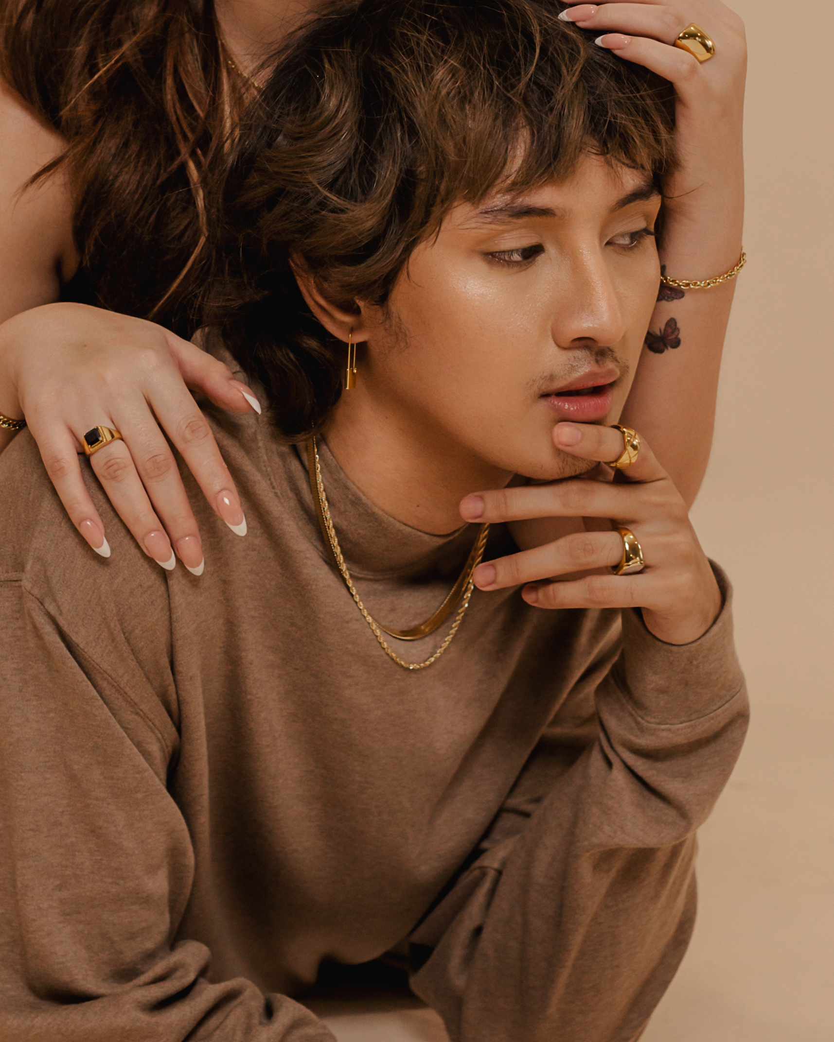 Damian Necklace styled in a portrait shot—perfect minimalist gold accessory for any outfit.