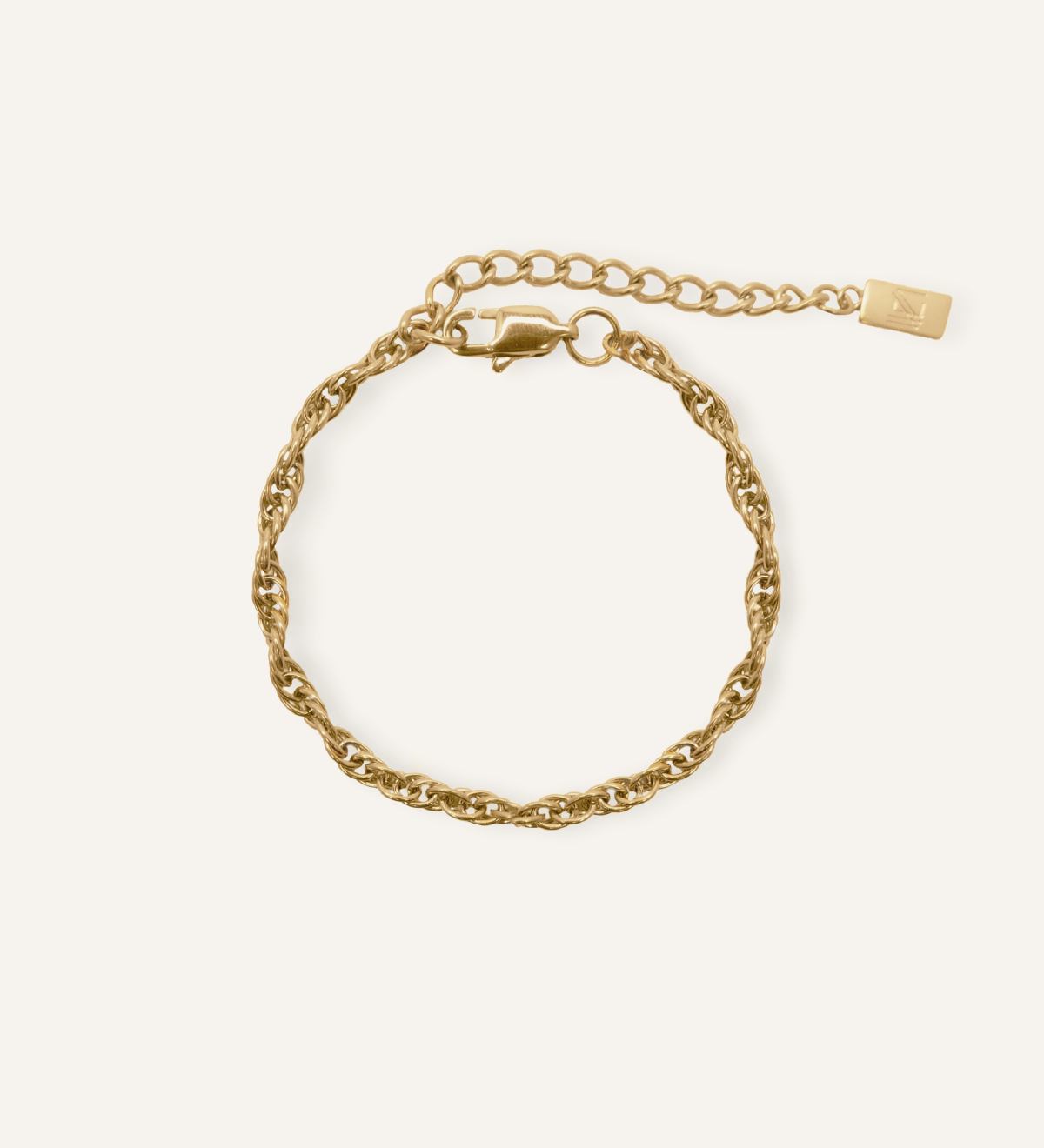 Product image of the Hera Bracelet showing its twisted 18K gold-coated rope chain design.