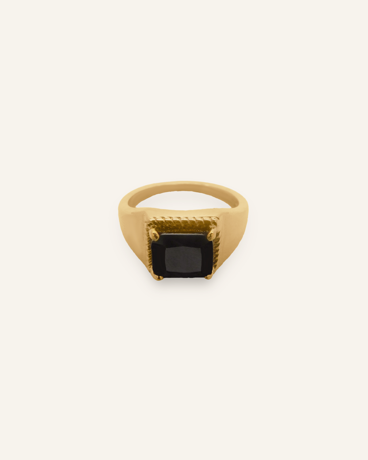 Zephyr Ring featuring an 18k gold plated band with a black cubic onyx stone, perfect for bold styling.